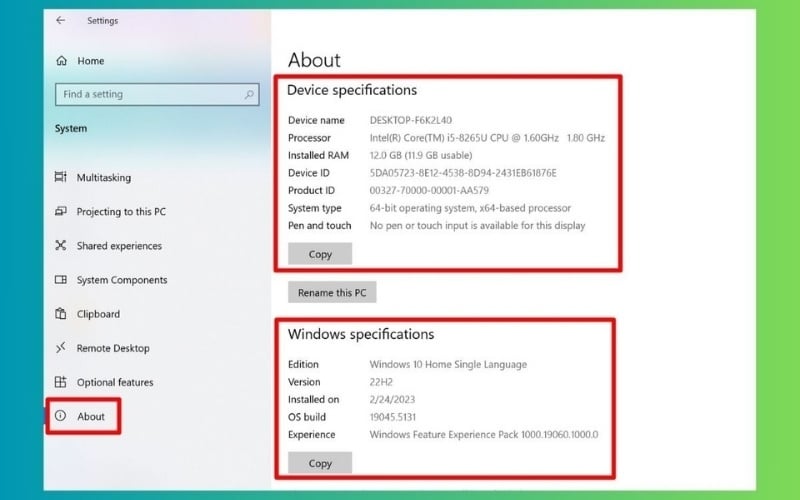 Xem thông tin laptop trong mục Device specifications và Windows specifications