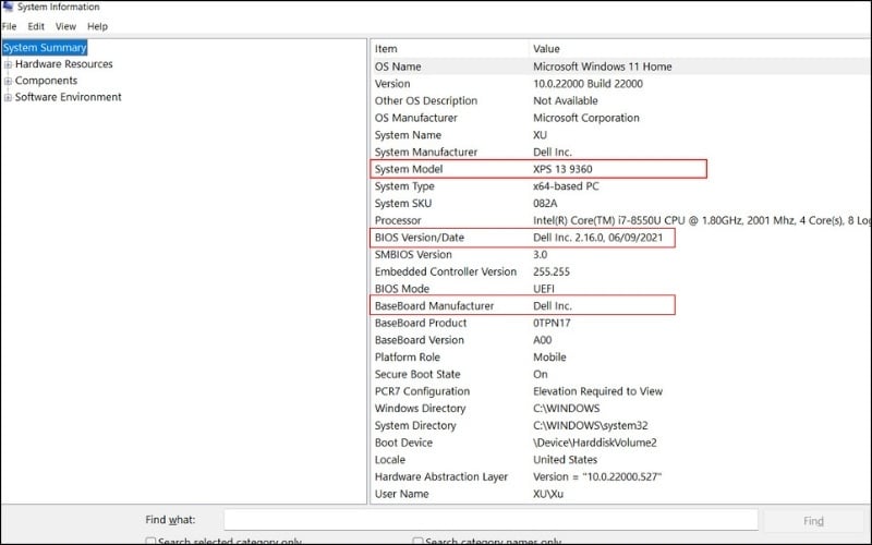 Tại mục System Summary, bạn cần chú ý đến các thông tin như hình