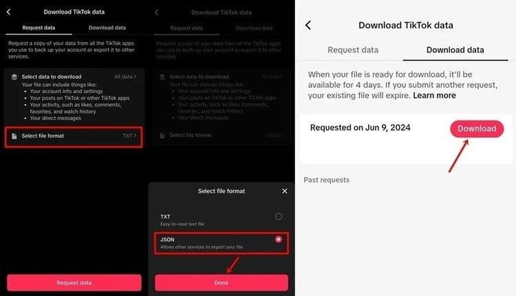 Thao tác yêu cầu gói dữ liệu từ TikTok