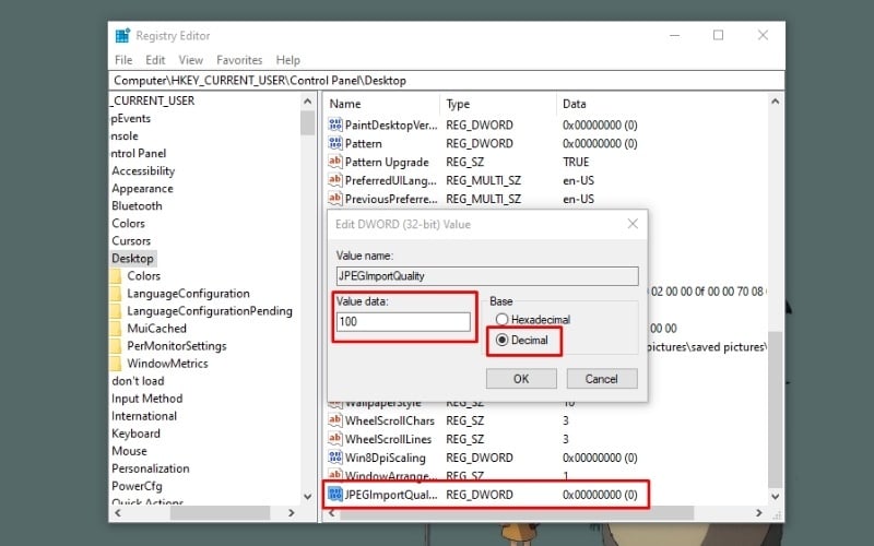 Trong cửa sổ hiện ra, chọn mục Decimal và nhập giá trị 100 vào ô Value data
