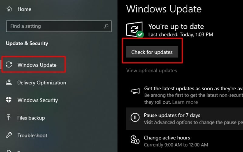Nhấn Check for updates
