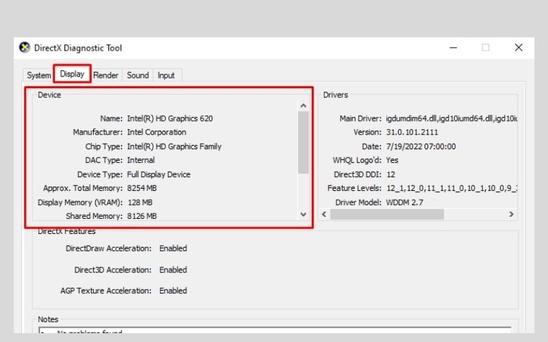 Sử dụng DirectX Diagnostic Tool để kiểm tra card màn hình