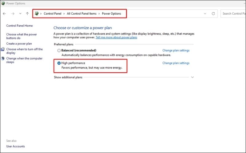 Chọn&nbsp;chế độ năng lượng High Performance để&nbsp;CPU luôn chạy ở xung nhịp cao