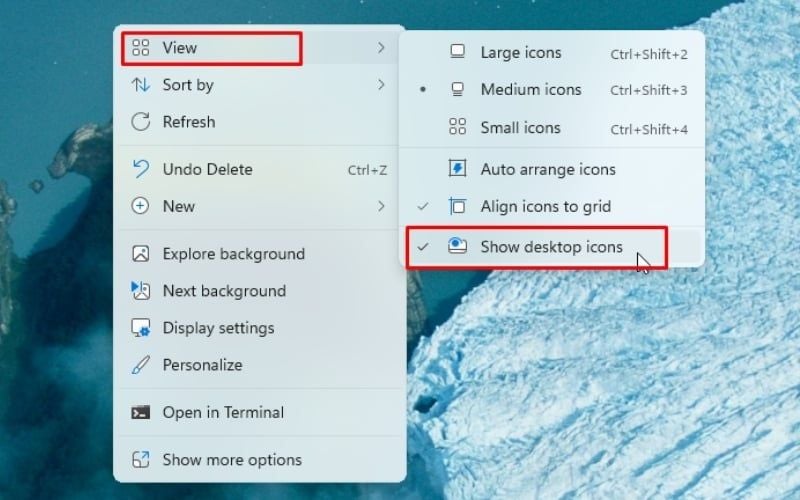 Chuột phải vào View và click bỏ dấu tích ở&nbsp;dòng Show desktop icons