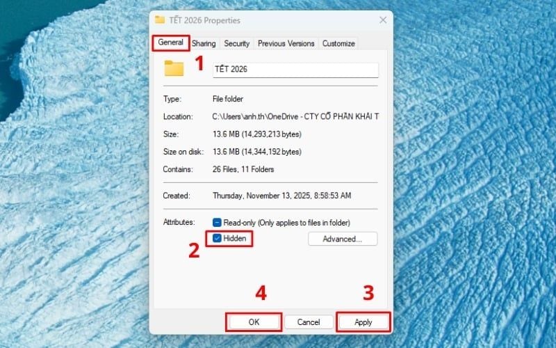 Tích vào ô&nbsp;Hidden, nhấn Apply và chọn OK