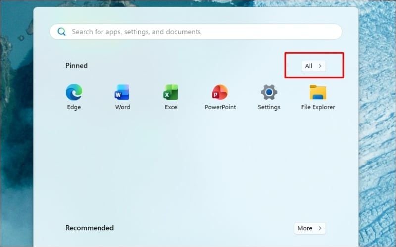 Nhấn phím Windows và&nbsp;chọn All để xem danh sách đầy đủ