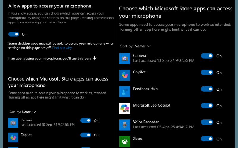 Gạt công tắc Allow apps to access your microphone sang màu xanh
