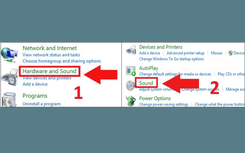 Chọn mục Hardware and Sound, sau đó nhấn vào Sound