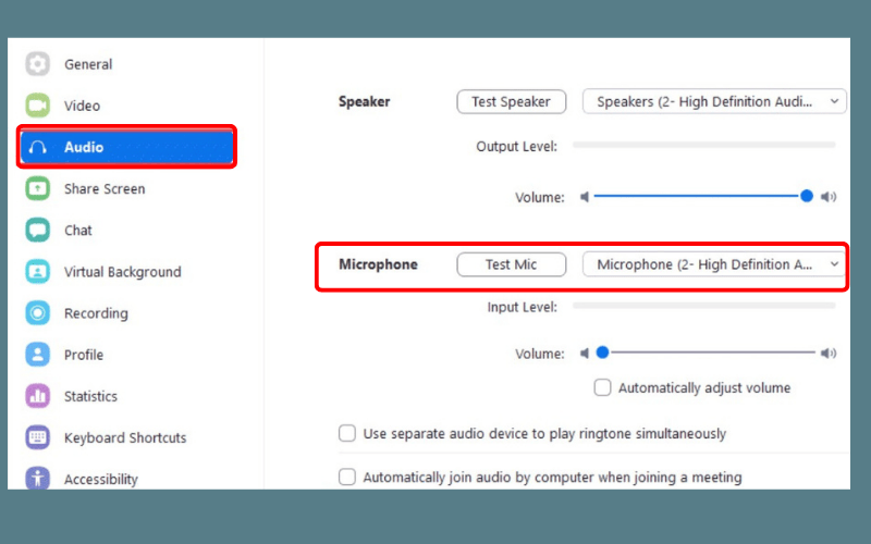Tại ô Microphone, chọn đúng tên thiết bị micro của laptop