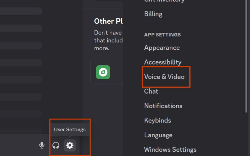 Chọn mục Voice & Video trong danh sách cài đặt