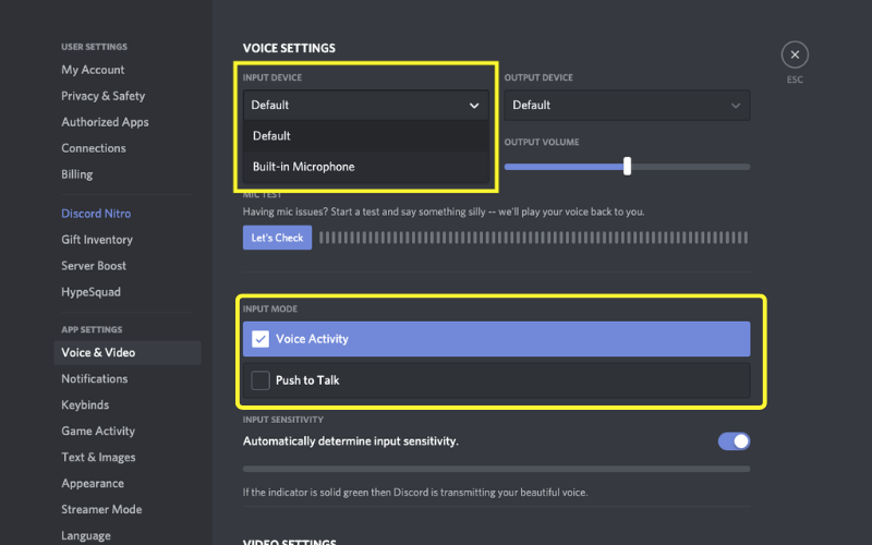 Lựa chọn giữa chế độ Voice Activity hoặc Push to Talk