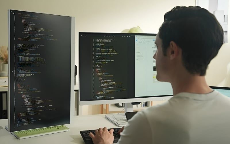 Chân đế công thái học và màn hình xoay dọc&nbsp;mang đến&nbsp;tư thế thoải mái cho lập trình viên