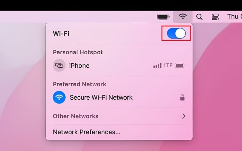 Gạt nút On nếu Wi-Fi đang tắt
