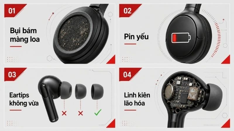 Bụi bẩn, pin yếu hoặc eartips không phù hợp