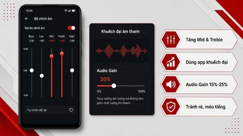 Điều chỉnh Equalizer hoặc dùng ứng dụng khuếch đại âm thanh