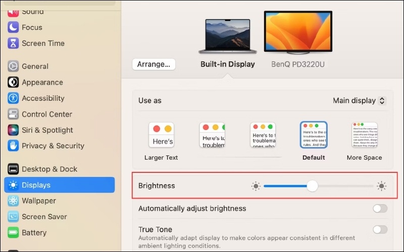 Sử dụng thanh trượt Brightness để tăng hoặc giảm độ sáng theo ý muốn