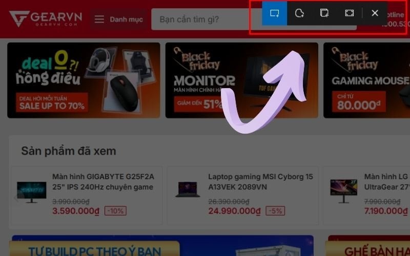 Dùng tổ hợp phím Windows + Shift + S để chụp một vùng tùy chọn