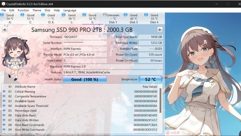 Thông số sức khỏe SSD hiển thị rõ ràng
