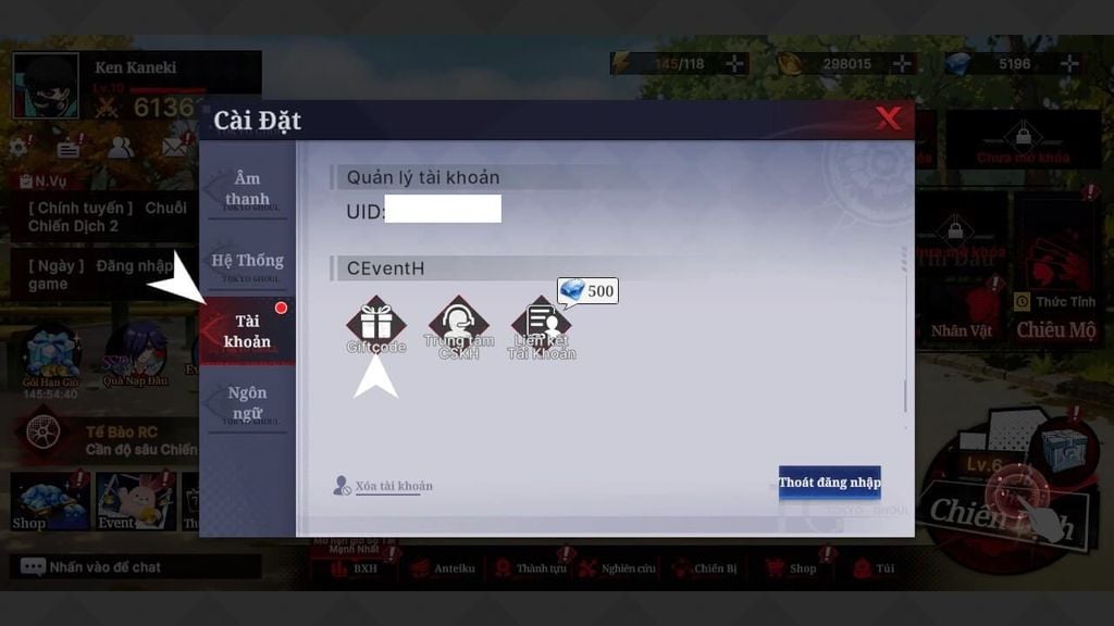 Hướng dẫn nhập code Tokyo Ghoul Thức Tỉnh chi tiết - GEARVN