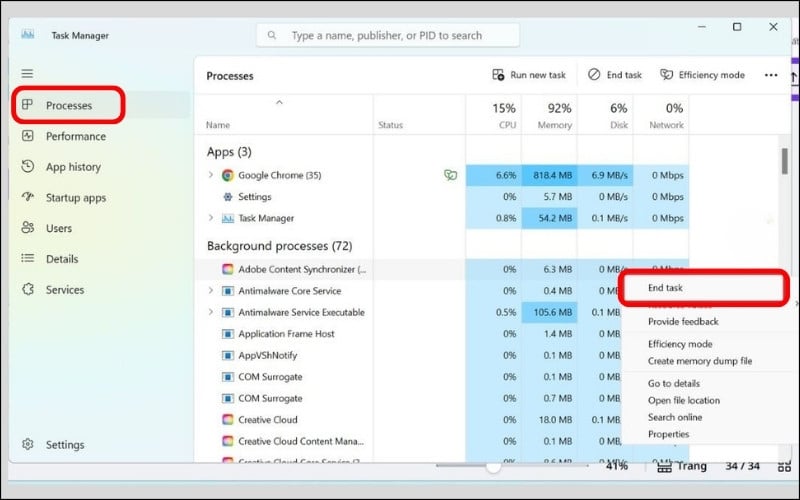 Ấn chuột phải vào tên ứng dụng muốn tắt, chọn&nbsp;End Task