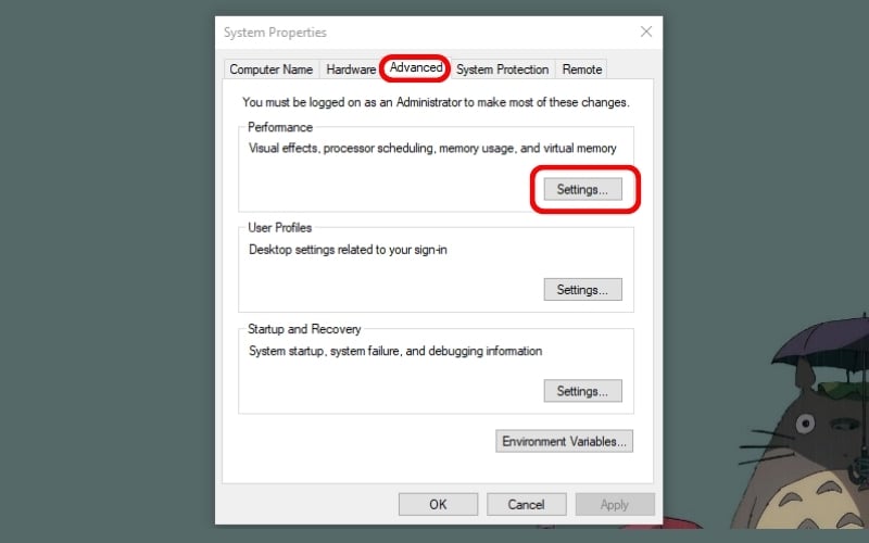 Trong tab Advanced, tại mục Performance, chọn Settings...