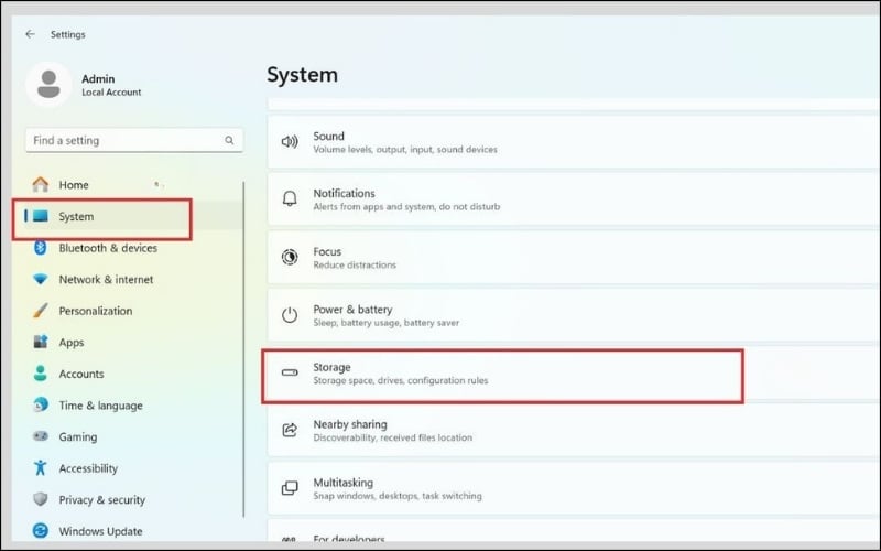 Truy cập Settings > System > Storage