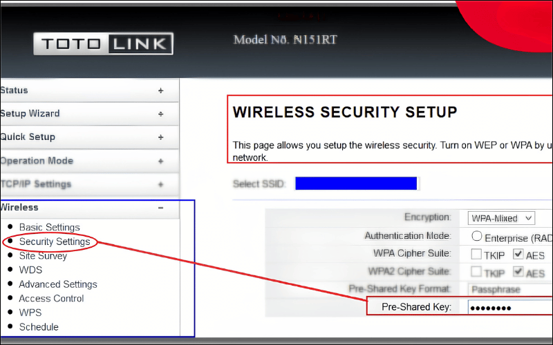 Tìm ô có tên như Password, Wireless Password, Pre-Shared Key hoặc WPA Key và đổi mật khẩu