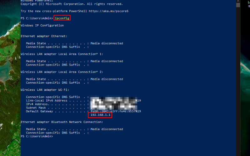 Tìm dòng Default Gateway và nhập địa chỉ này vào trình duyệt