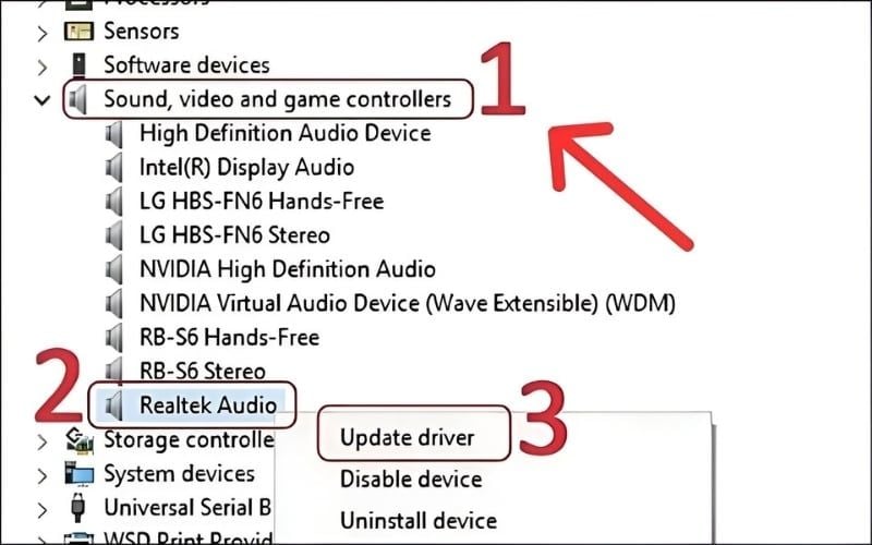 Mở Device Manager → Realtek High Definition Audio → Update driver → Search automatically for drivers, Windows sẽ tự tìm và cài
