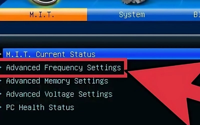 Tìm đến mục cài đặt CPU, thường có tên OC Tweaker hoặc Advanced Frequency Settings