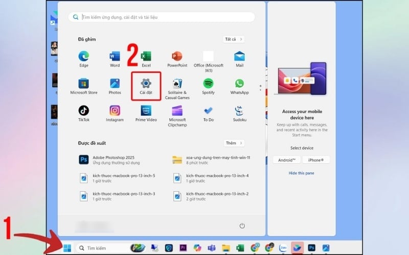 Mở cửa sổ Settings