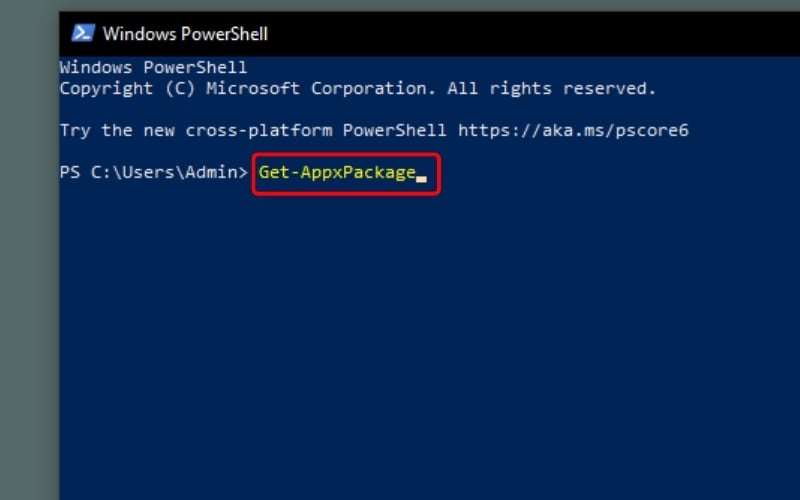 Nhập lệnh Get-AppxPackage để liệt kê danh sách các gói ứng dụng có trong máy