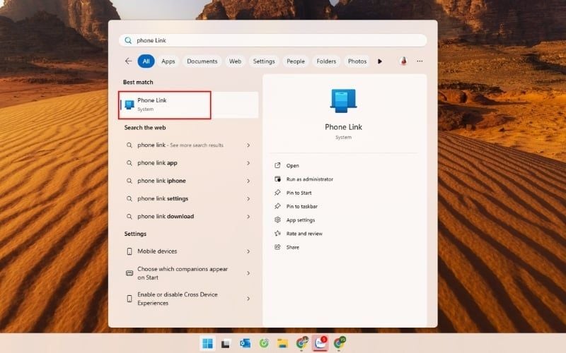 Chọn nút Start và mở Phone Link trên laptop