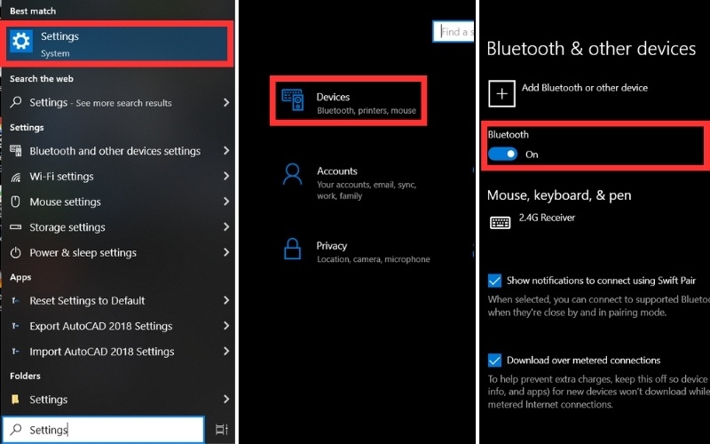 Bật Bluetooth qua Settings