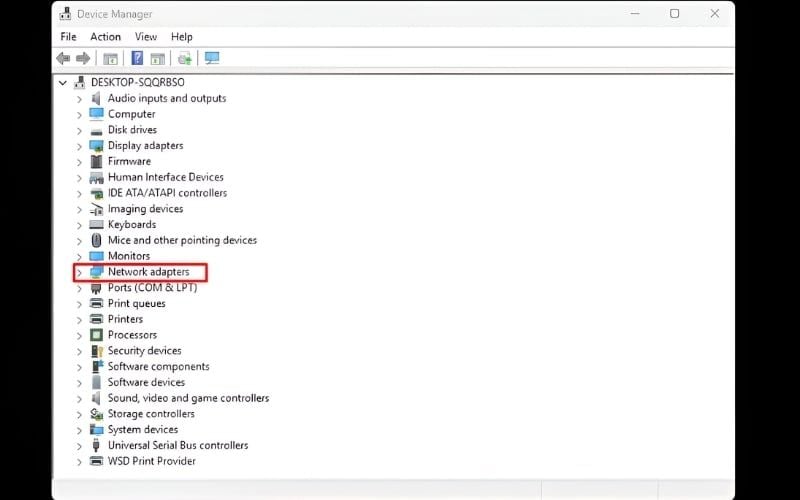 Mở Device Manager và chọn mục Network adapters