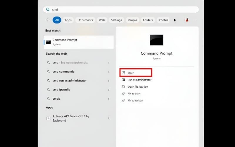 Mở menu Start, gõ 