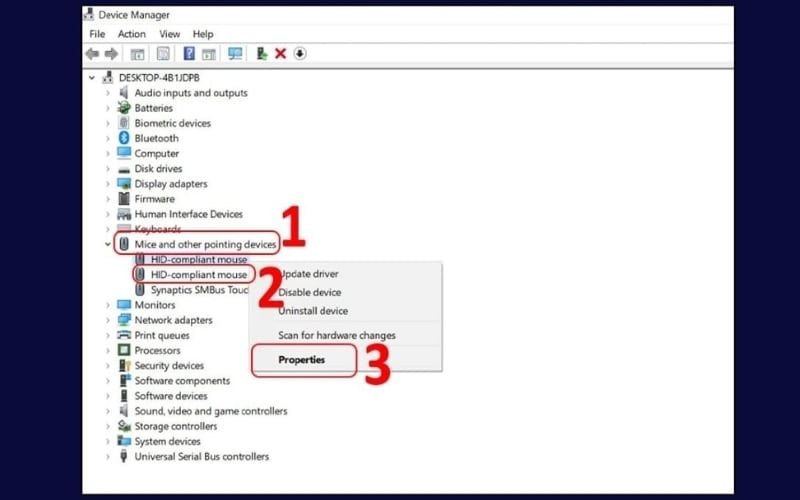 Click chuột phải vào tên chuột và chọn Properties