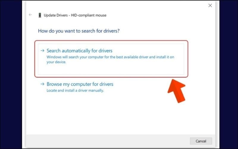 Chọn&nbsp;Search automatically for drivers và chờ&nbsp;Windows&nbsp;cài đặt lại driver chuột