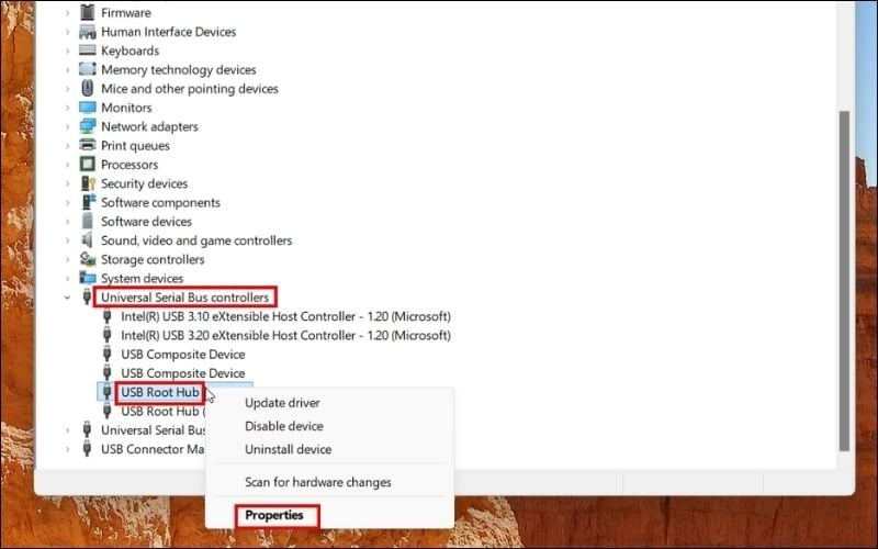 Chuột phải vào USB Root Hub và chọn Properties