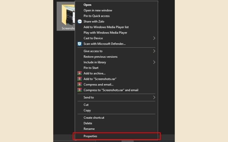 Nhấp chuột phải vào thư mục Screenshots và chọn Properties