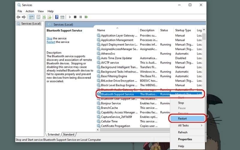 Chuột phải vào dịch vụ Bluetooth Support Service và chọn Restart