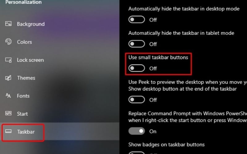 Bật tùy chọn Use small taskbar buttons