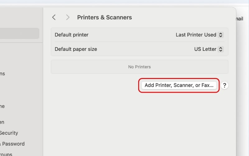 Nhấn vào nút Add Printer, Scanner, or Fax... ở phía dưới