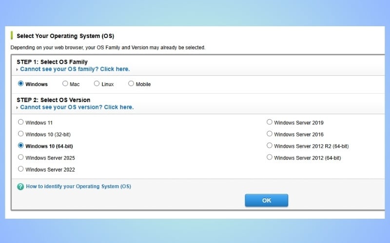 Chọn hệ điều hành đang sử dụng