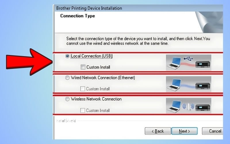Khi trình cài đặt driver hỏi về phương thức kết nối, bạn hãy chọn Local Connection (USB)