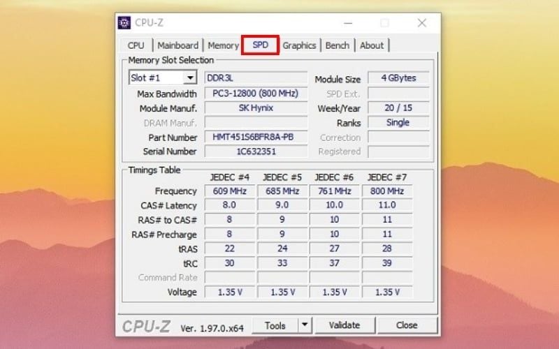 Kiểm tra thông số và tình trạng từng khe cắm tại tab SPD của phần mềm CPU-Z