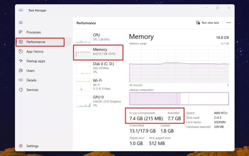 Kiểm tra mức độ sử dụng RAM&nbsp;tại&nbsp;mục In Use và Available