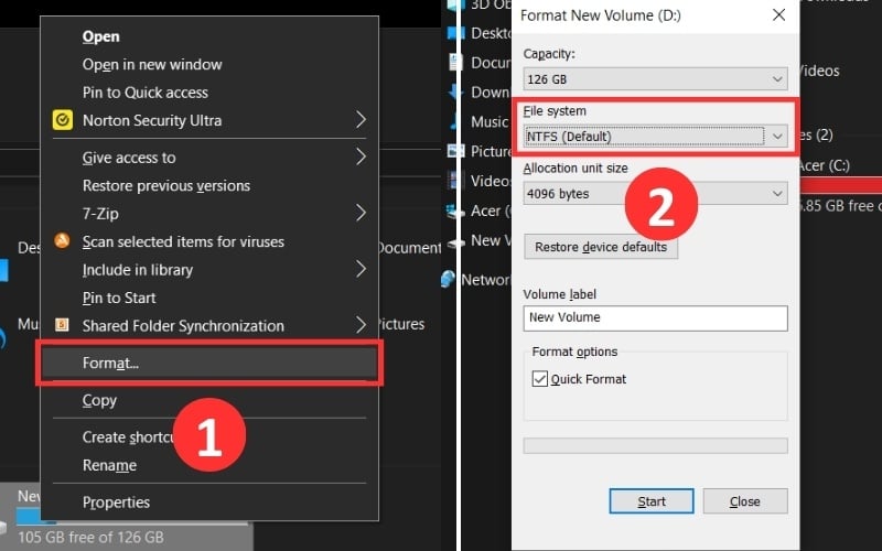 Chọn định dạng NTFS cho ổ cứng cần định dạng lại