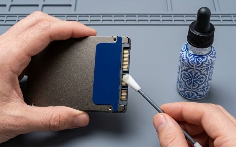 Dùng tăm bông để vệ sinh nhẹ nhàng phần chân cắm của SSD