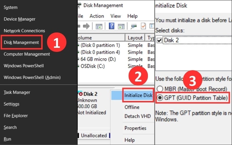 Khởi tạo SSD trong Disk Management bằng cách chọn chuẩn GPT cho máy tính đời mới